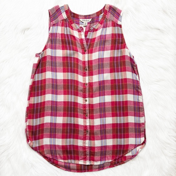 Lucky Brand Colorful Plaid Sleeveless Buttondown Tunic Top, Red Pink White - Picture 7 of 10